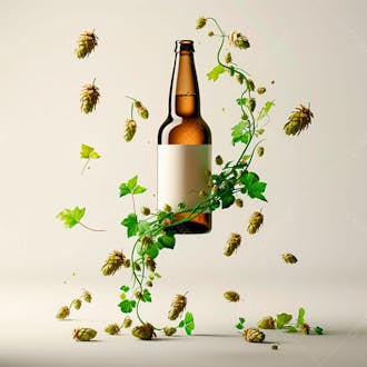 Uma garrafa de cerveja com rótulo branco e vinhas de lúpulo envolvem a garrafa suspensa 25