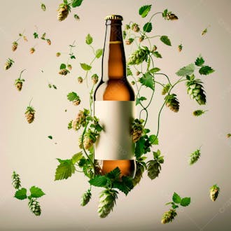 Uma garrafa de cerveja com rótulo branco e vinhas de lúpulo envolvem a garrafa suspensa 26