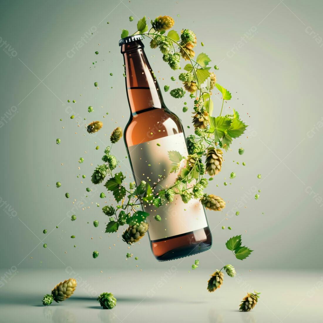 Garrafa de cerveja com lúpulo em queda