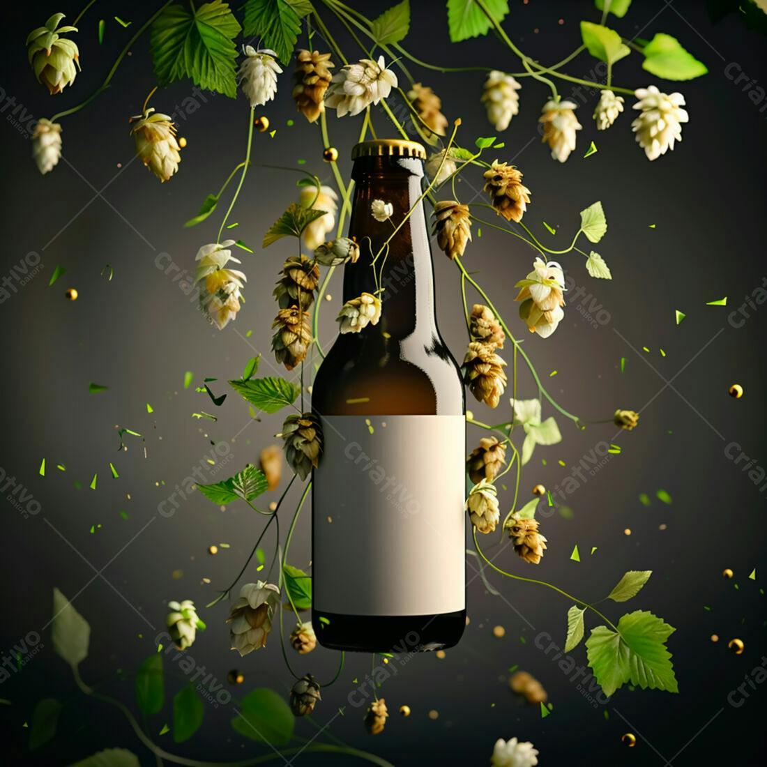 Garrafa de cerveja artesanal com lúpulo