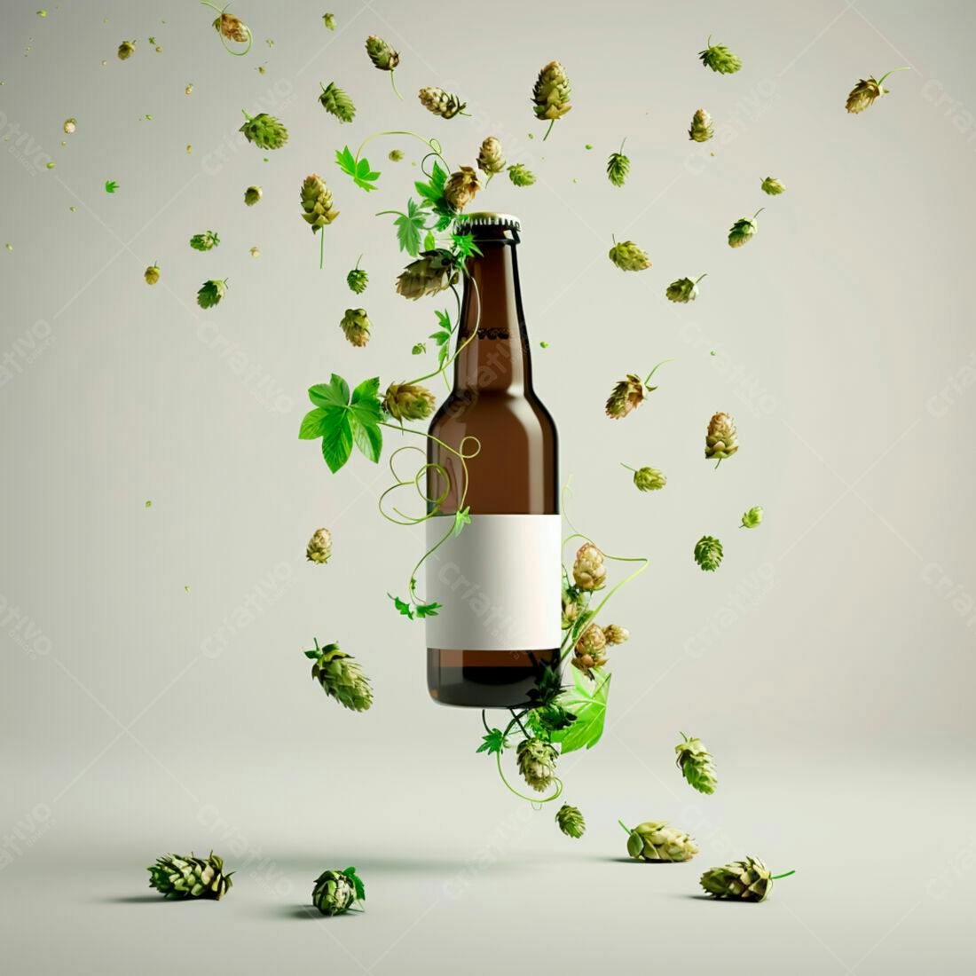 Garrafa de cerveja artesanal com lúpulo