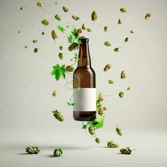 Uma garrafa de cerveja com rótulo branco e vinhas de lúpulo envolvem a garrafa suspensa 30