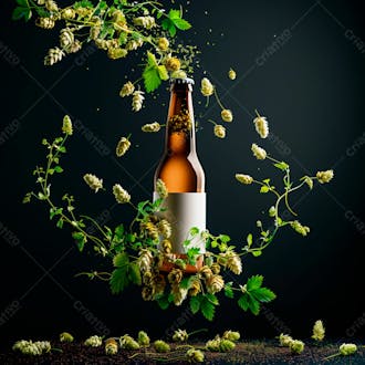 Uma garrafa de cerveja com rótulo branco e vinhas de lúpulo envolvem a garrafa suspensa 31