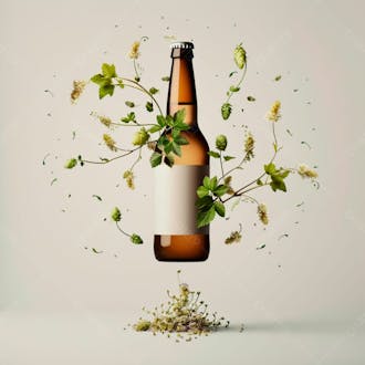 Uma garrafa de cerveja com rótulo branco e vinhas de lúpulo envolvem a garrafa suspensa 32