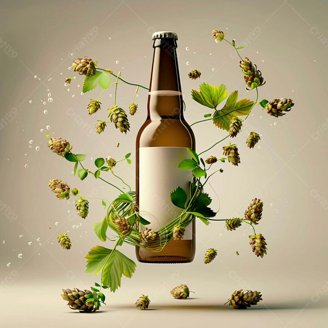 Garrafa de cerveja com lúpulo e folhas verdes