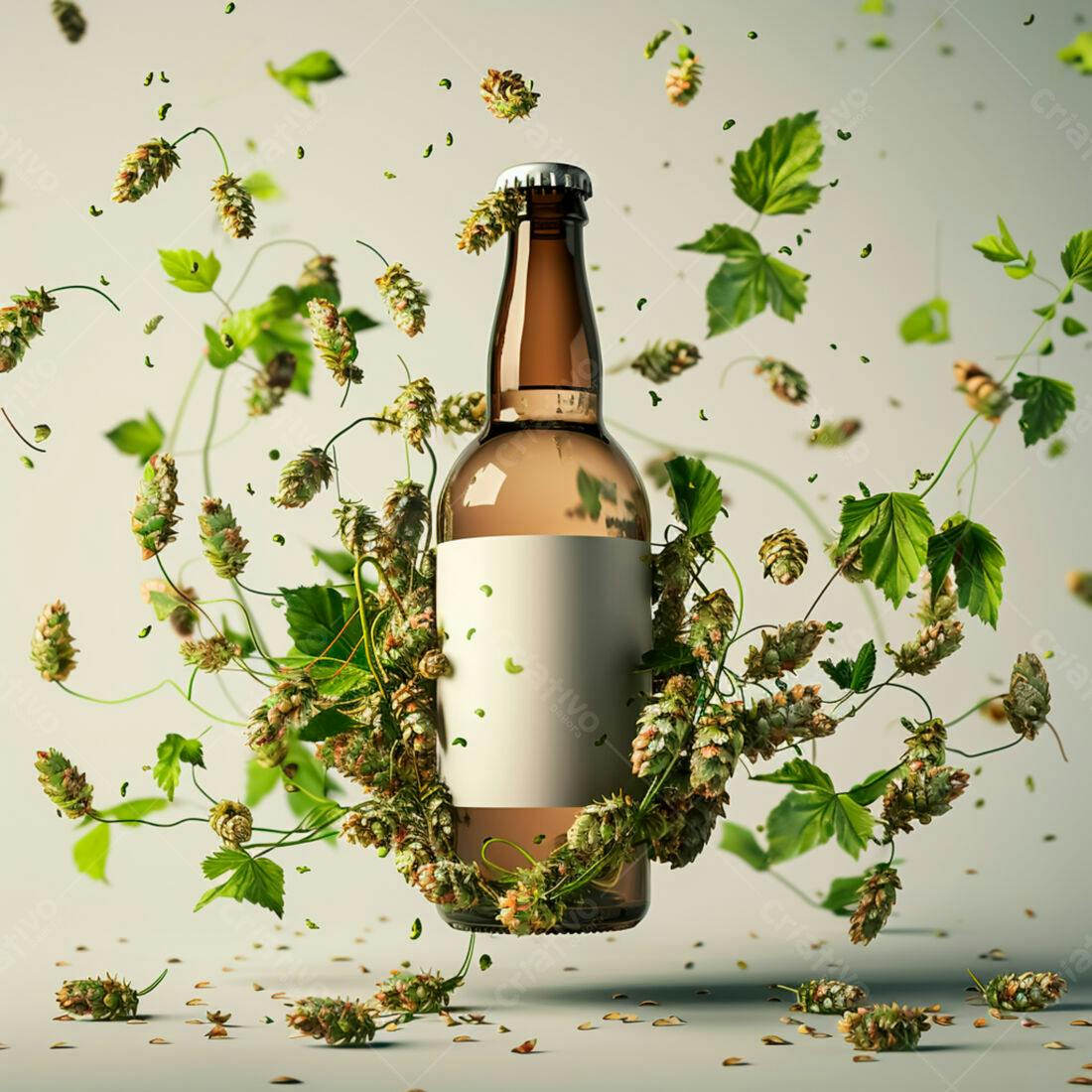 Garrafa de cerveja artesanal cercada por lúpulo