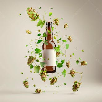Uma garrafa de cerveja com rótulo branco e vinhas de lúpulo envolvem a garrafa suspensa 35
