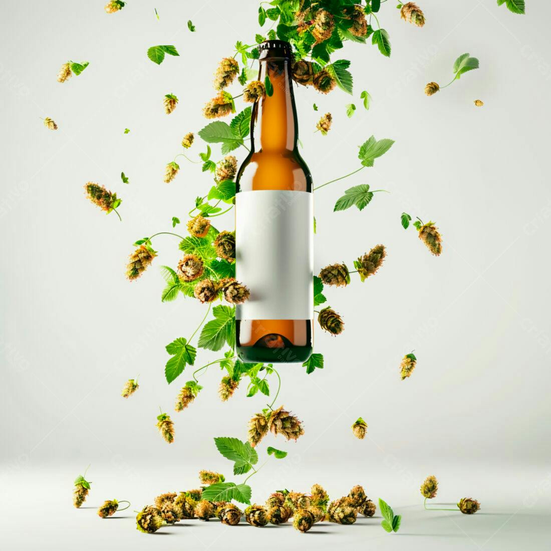 Garrafa de cerveja com lúpulo e rótulo branco