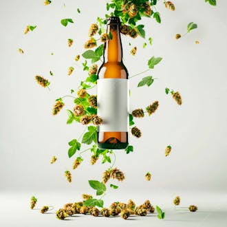 Uma garrafa de cerveja com rótulo branco e vinhas de lúpulo envolvem a garrafa suspensa 36