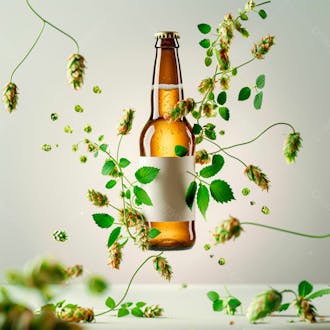 Uma garrafa de cerveja com rótulo branco e vinhas de lúpulo envolvem a garrafa suspensa 37