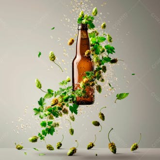 An unlabeled beer bottle with hop vines surrounding the suspended bottle 1