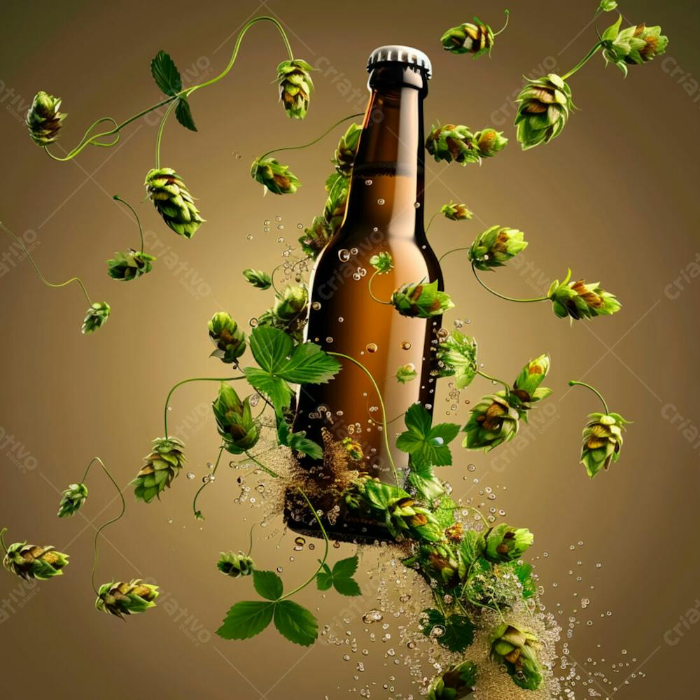 An Unlabeled Beer Bottle With Hop Vines Surrounding The Suspended Bottle 2