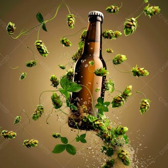 An unlabeled beer bottle with hop vines surrounding the suspended bottle 2