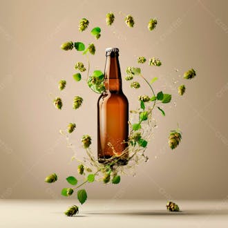 An unlabeled beer bottle with hop vines surrounding the suspended bottle 3