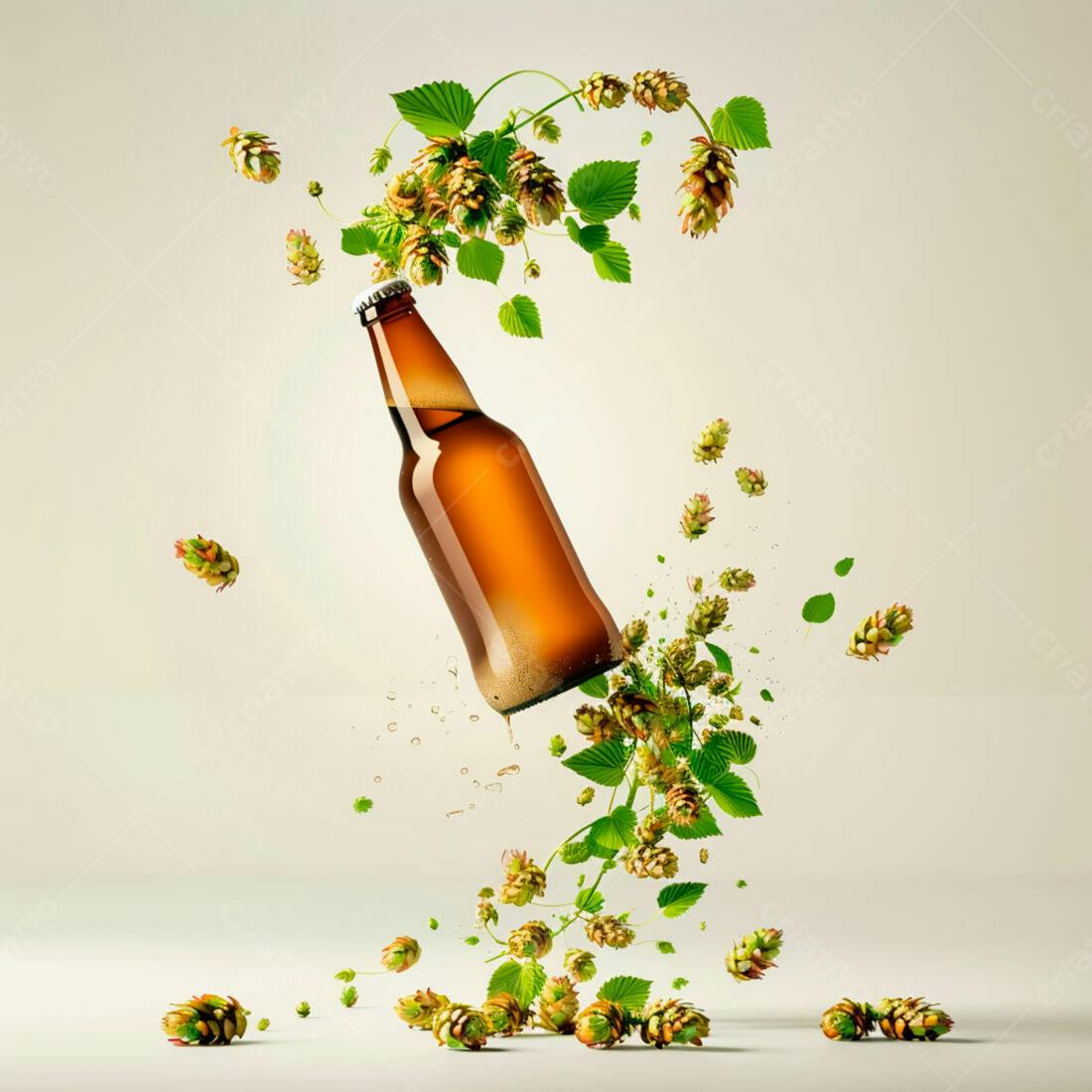 Garrafa de cerveja com lúpulo em queda
