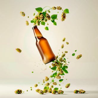 An unlabeled beer bottle with hop vines surrounding the suspended bottle 4