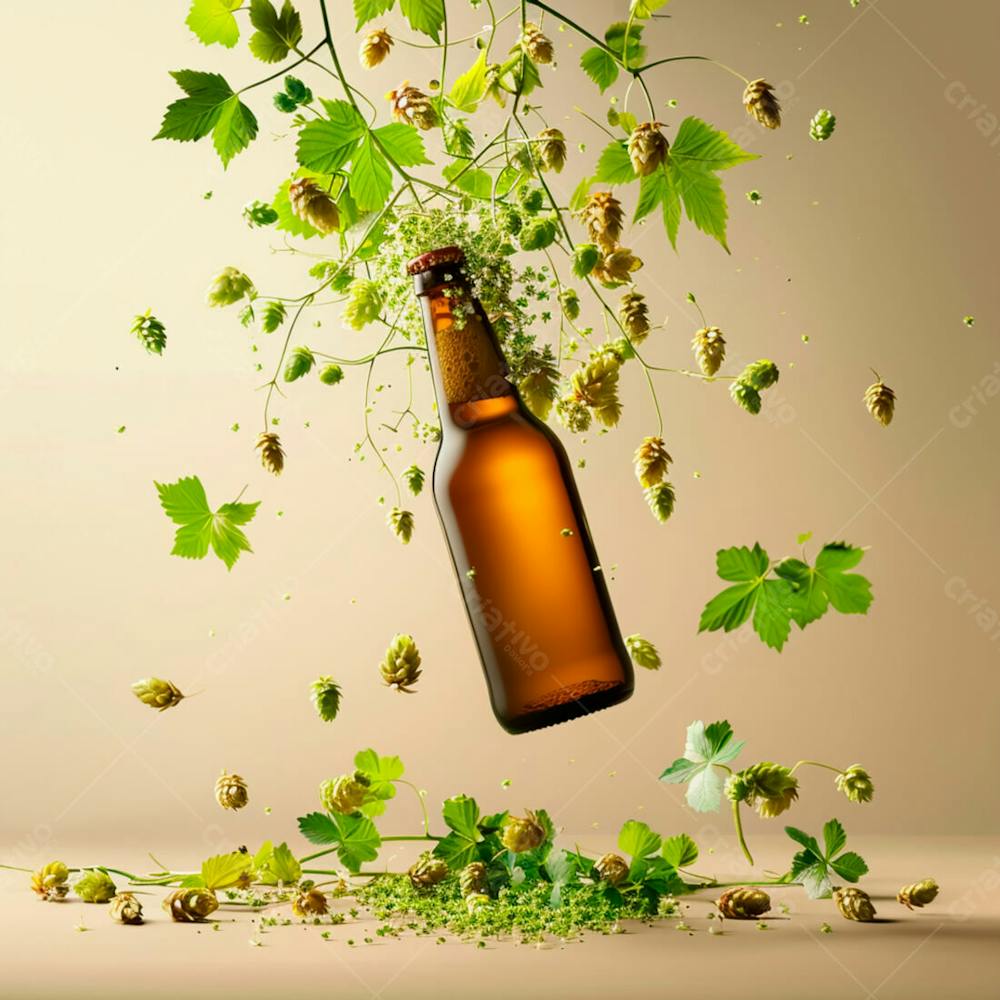 An Unlabeled Beer Bottle With Hop Vines Surrounding The Suspended Bottle 5