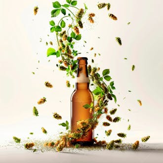 An unlabeled beer bottle with hop vines surrounding the suspended bottle 6