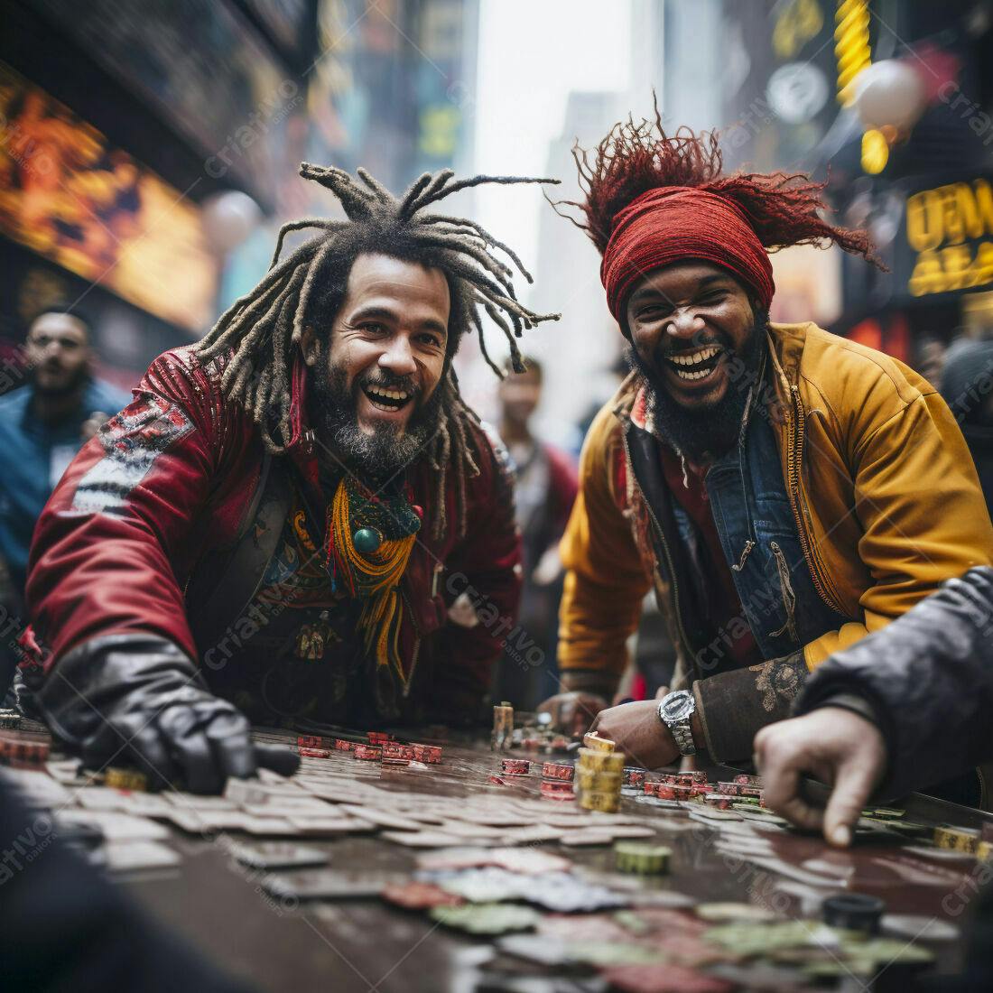 Dois homens alegres jogando em Times Square
