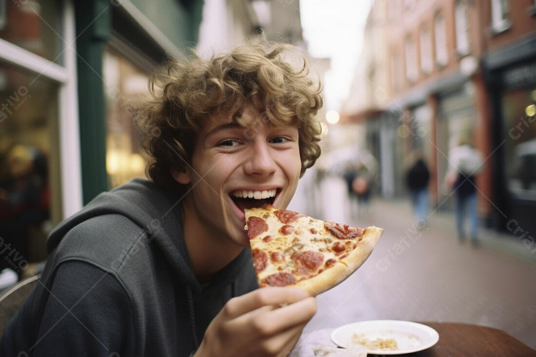 Adolescente feliz comendo pizza pepperoni na rua