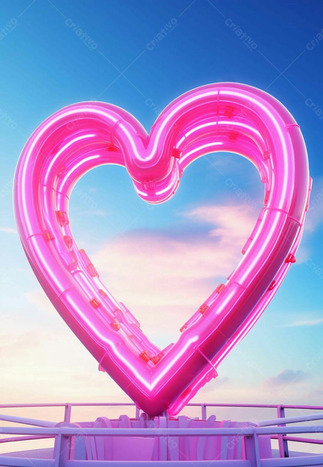 Coração Neon Rosa ao Pôr do Sol