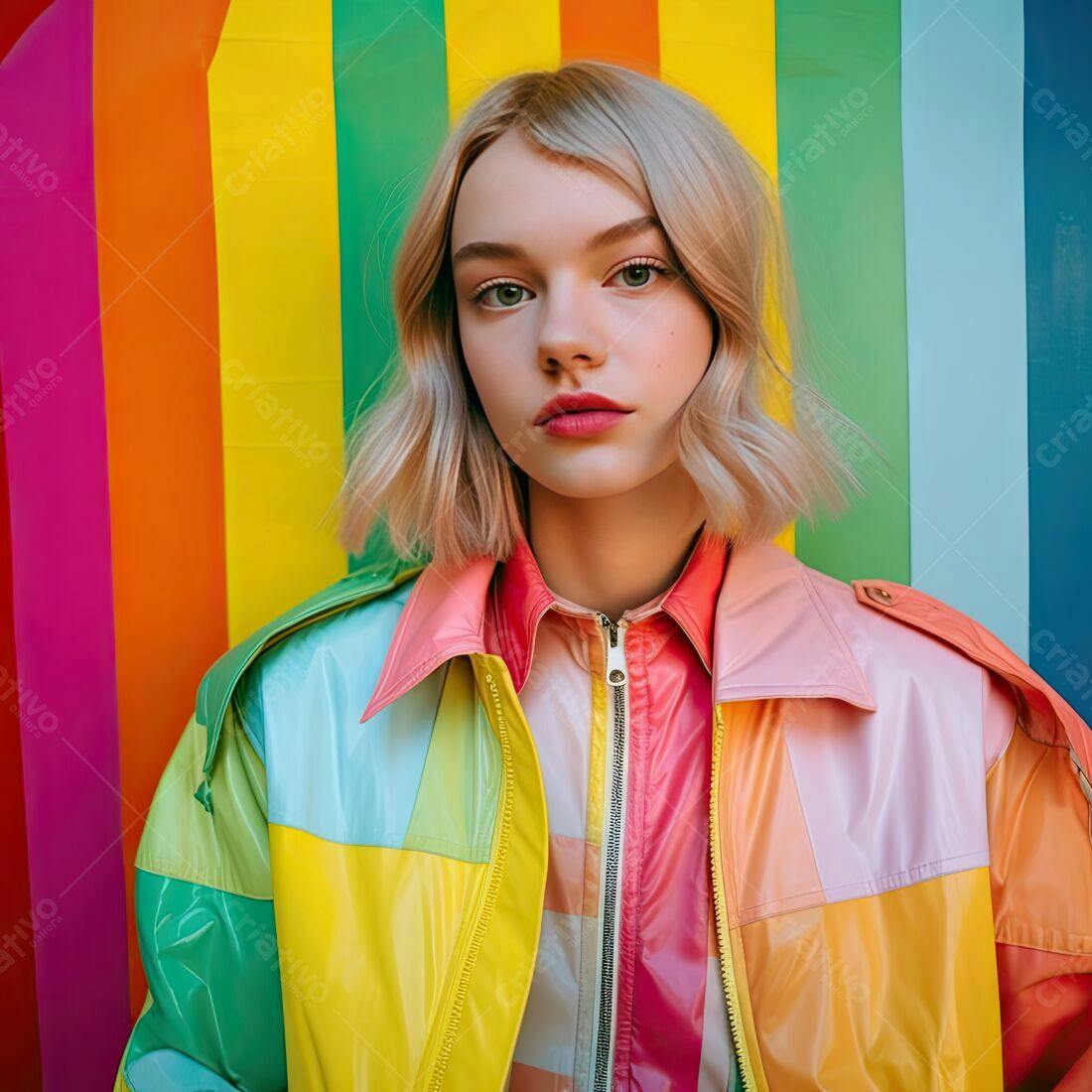 Modelo jovem com jaqueta colorida fundo arco-íris