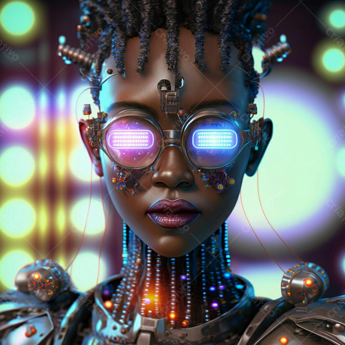 Mulher ciborgue com óculos futuristas e luzes neon