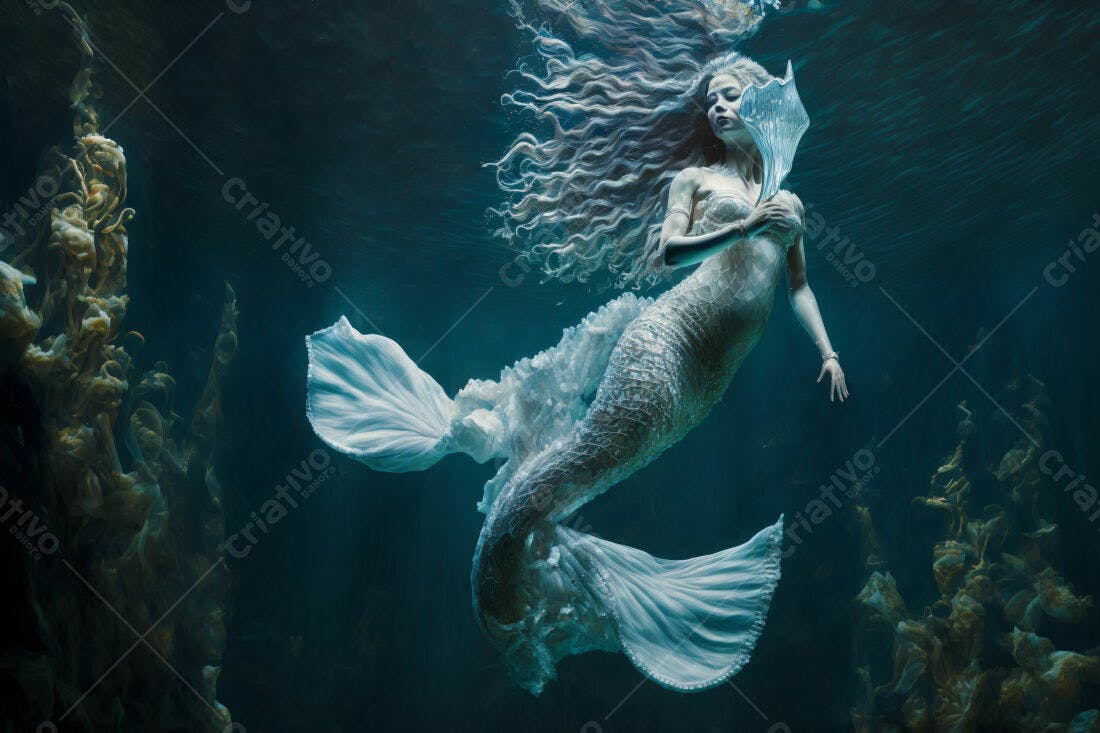 Sereia de cabelo branco em fundo marinho