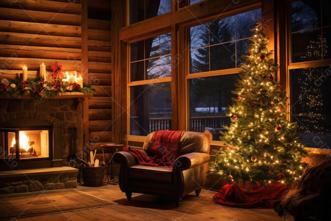 Árvore de Natal iluminada em cabana de madeira