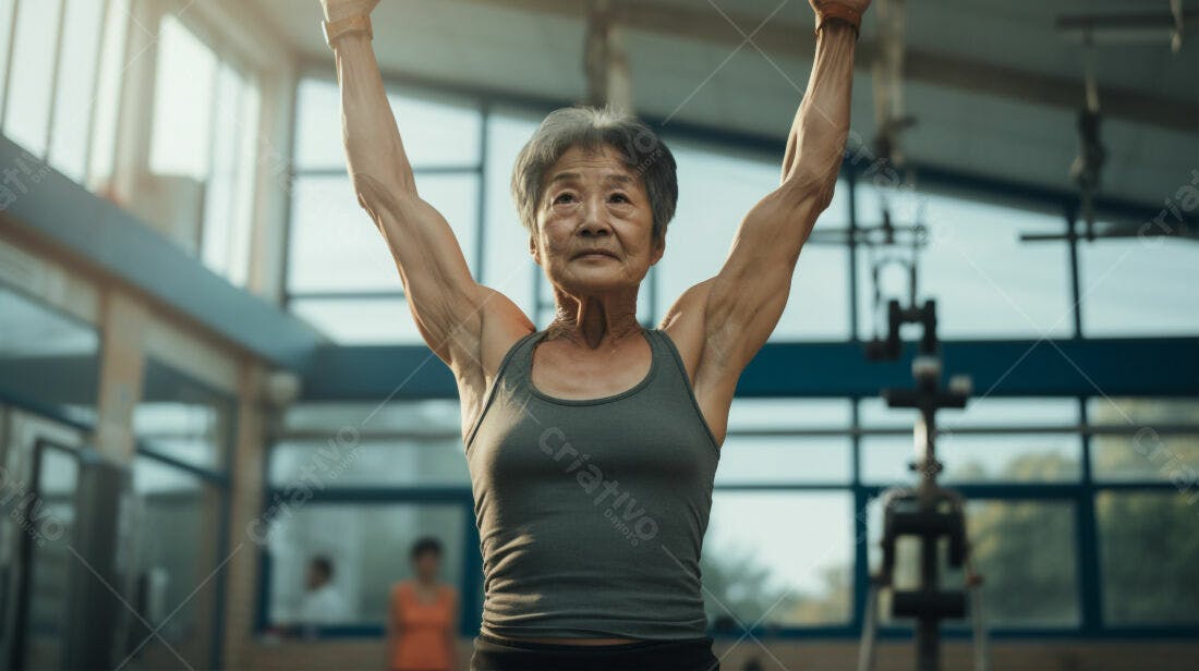 Idosa forte fazendo exercícios na academia