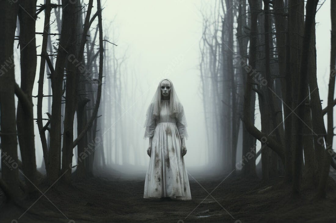 Fantasma em vestido branco em floresta nebulosa