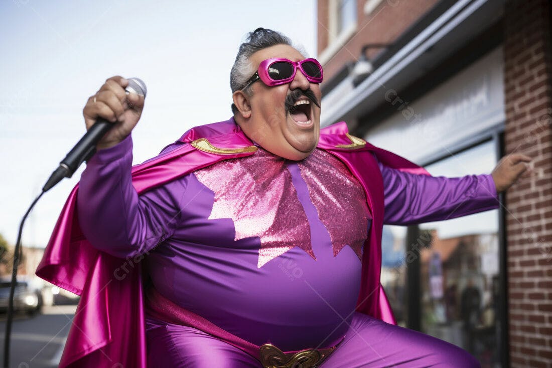Homem cantando com microfone fantasia herói roxo