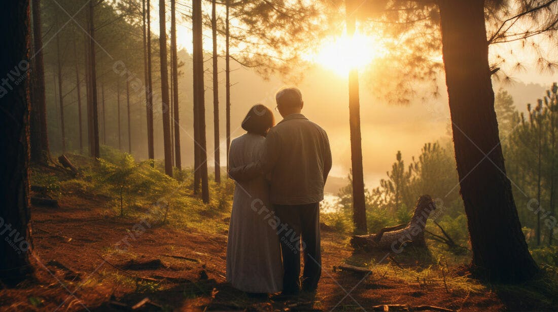 Casal contemplando o nascer do sol na floresta