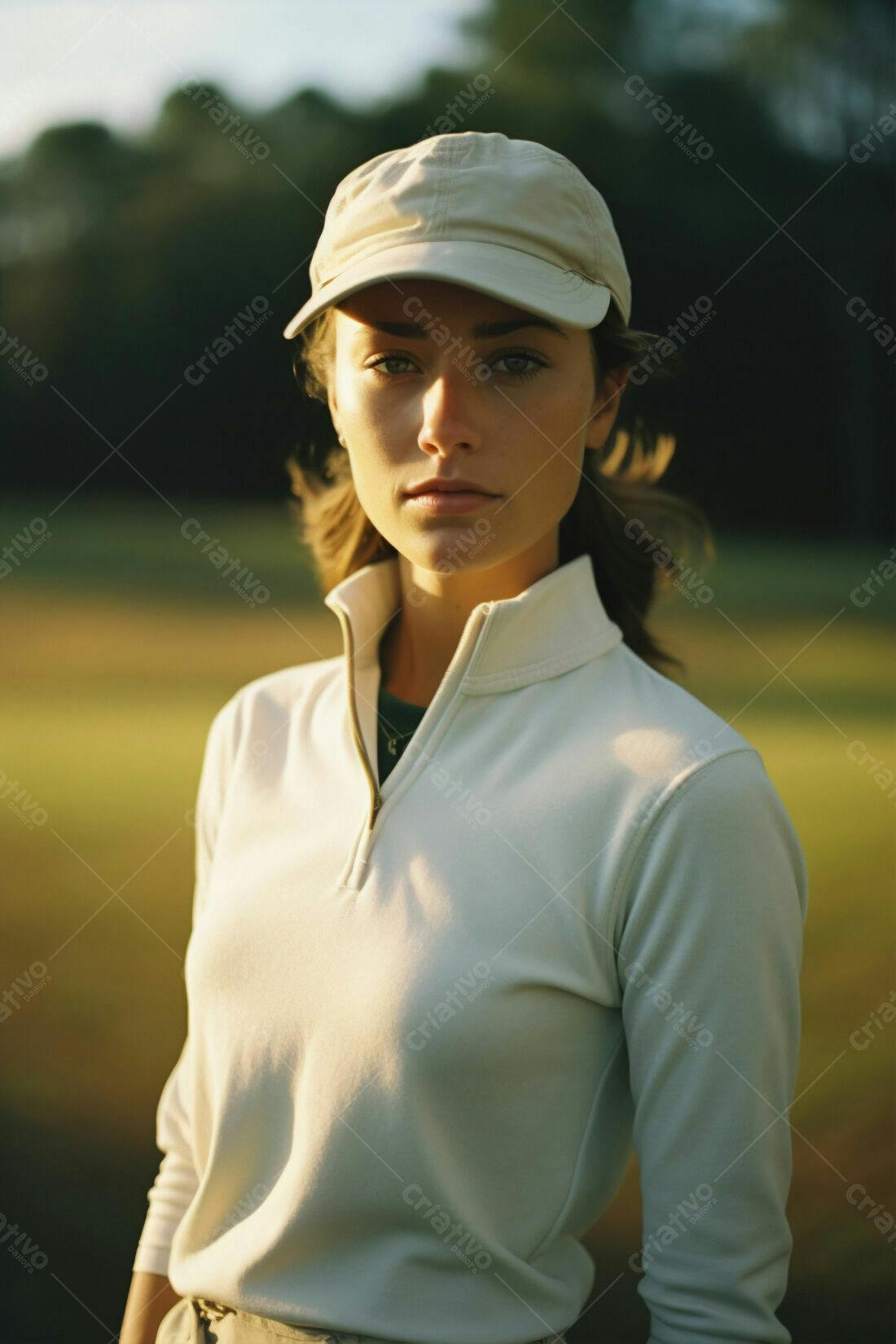 Mulher jovem usando boné branco em campo de golfe