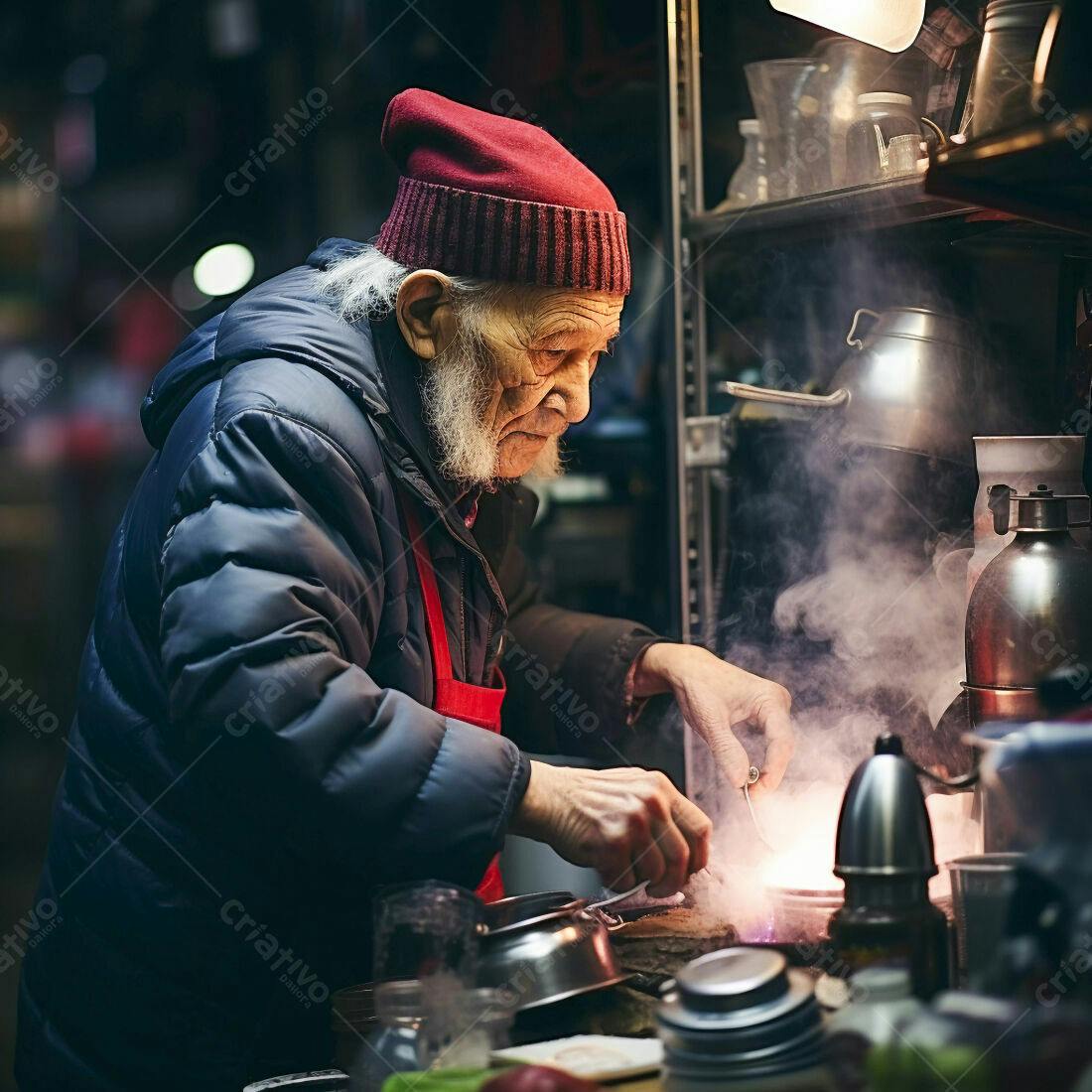 Homem idoso preparando comida em barraca noturna