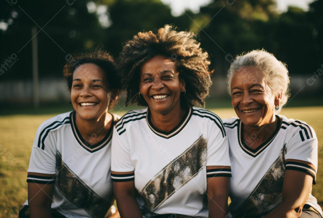 Três mulheres sorrindo em campo de futebol
