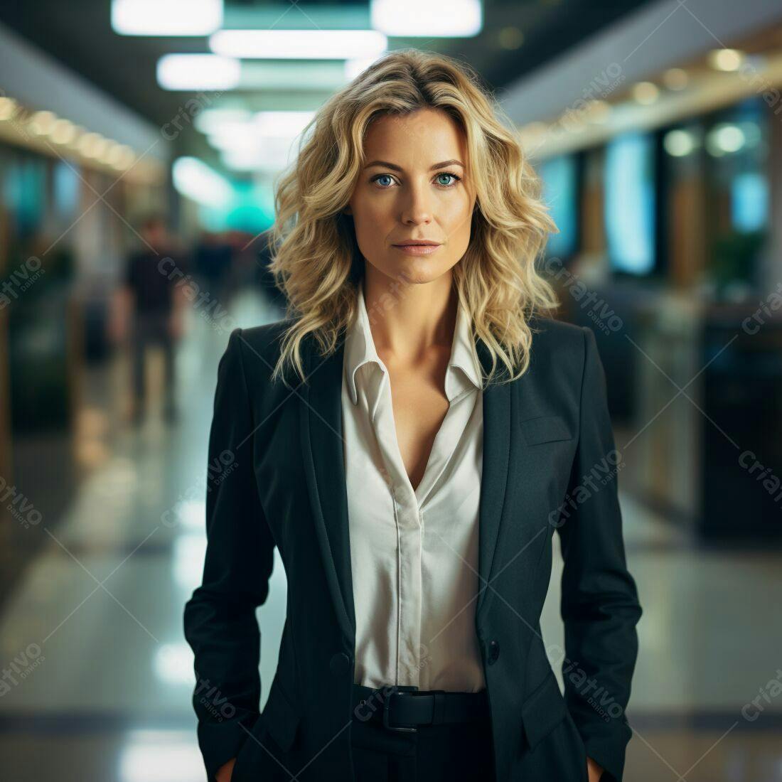 Executiva loira em blazer preto num corredor