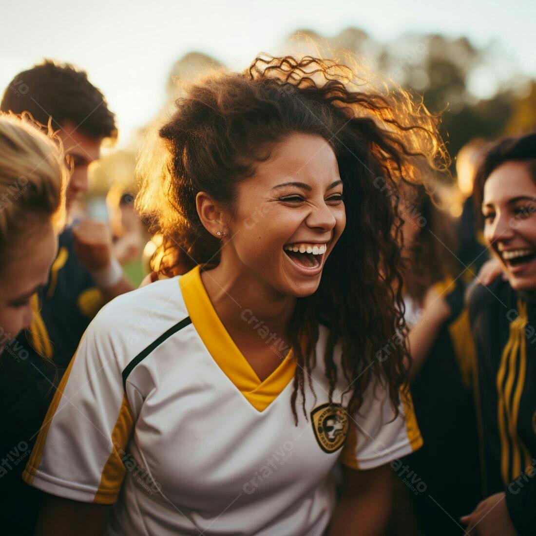 Jogadora de futebol rindo com equipe ao pôr do sol