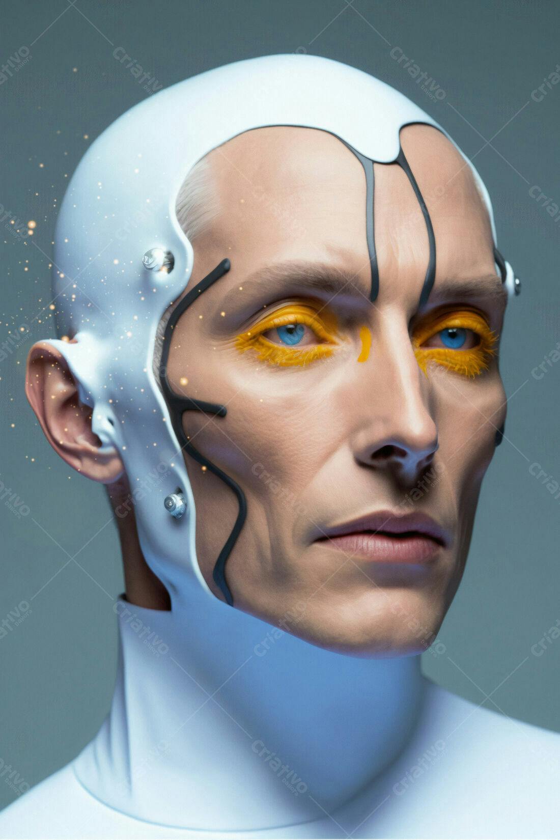 Modelo com prótese futurista e maquiagem amarela