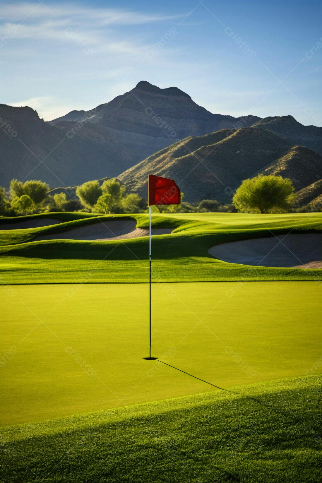 Bandeira vermelha em campo de golfe montanhoso