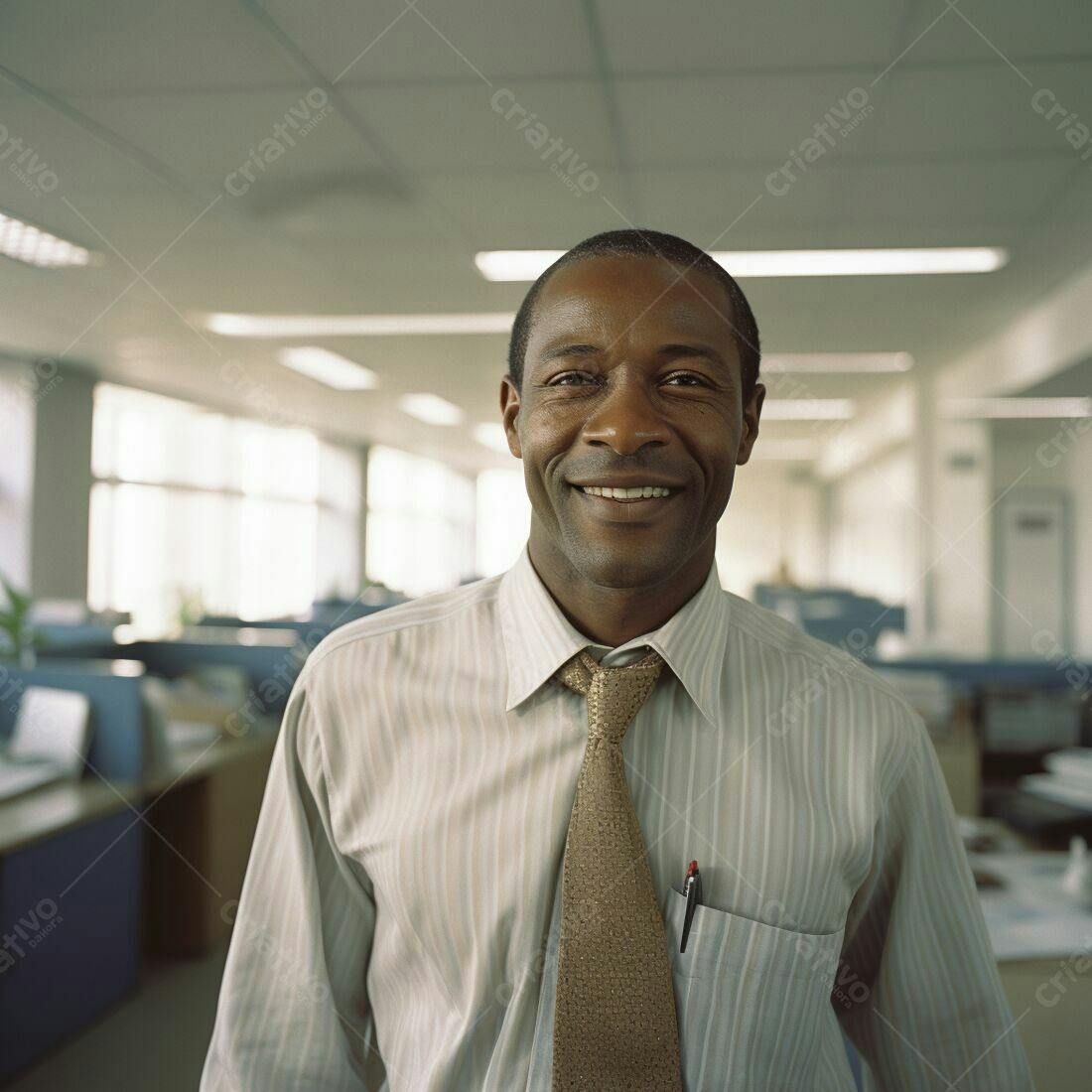 Executivo negro sorridente em escritório moderno