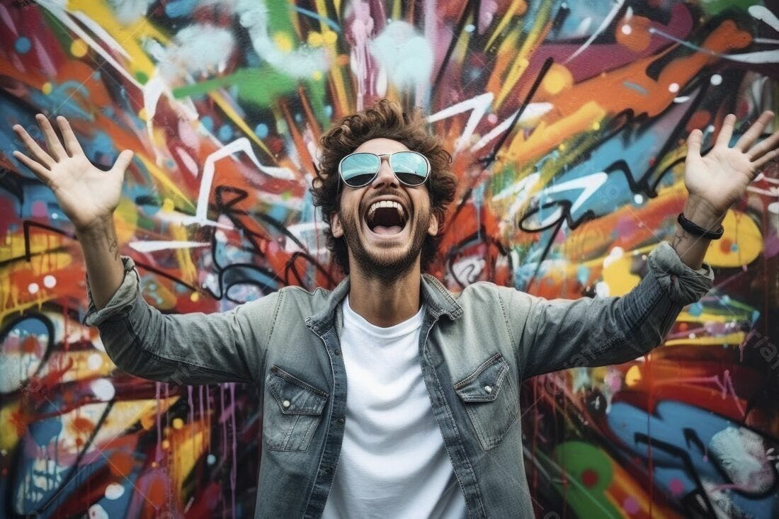 Homem feliz braços abertos fundo grafite