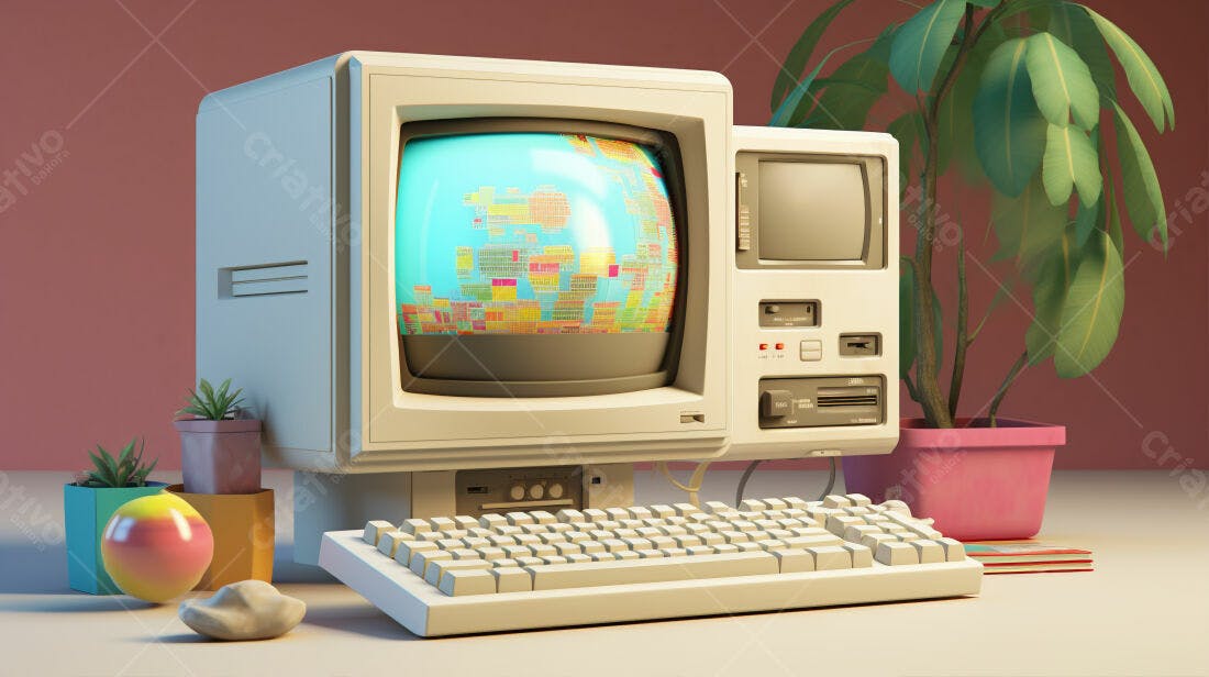 Computador retrô anos 80 com plantas