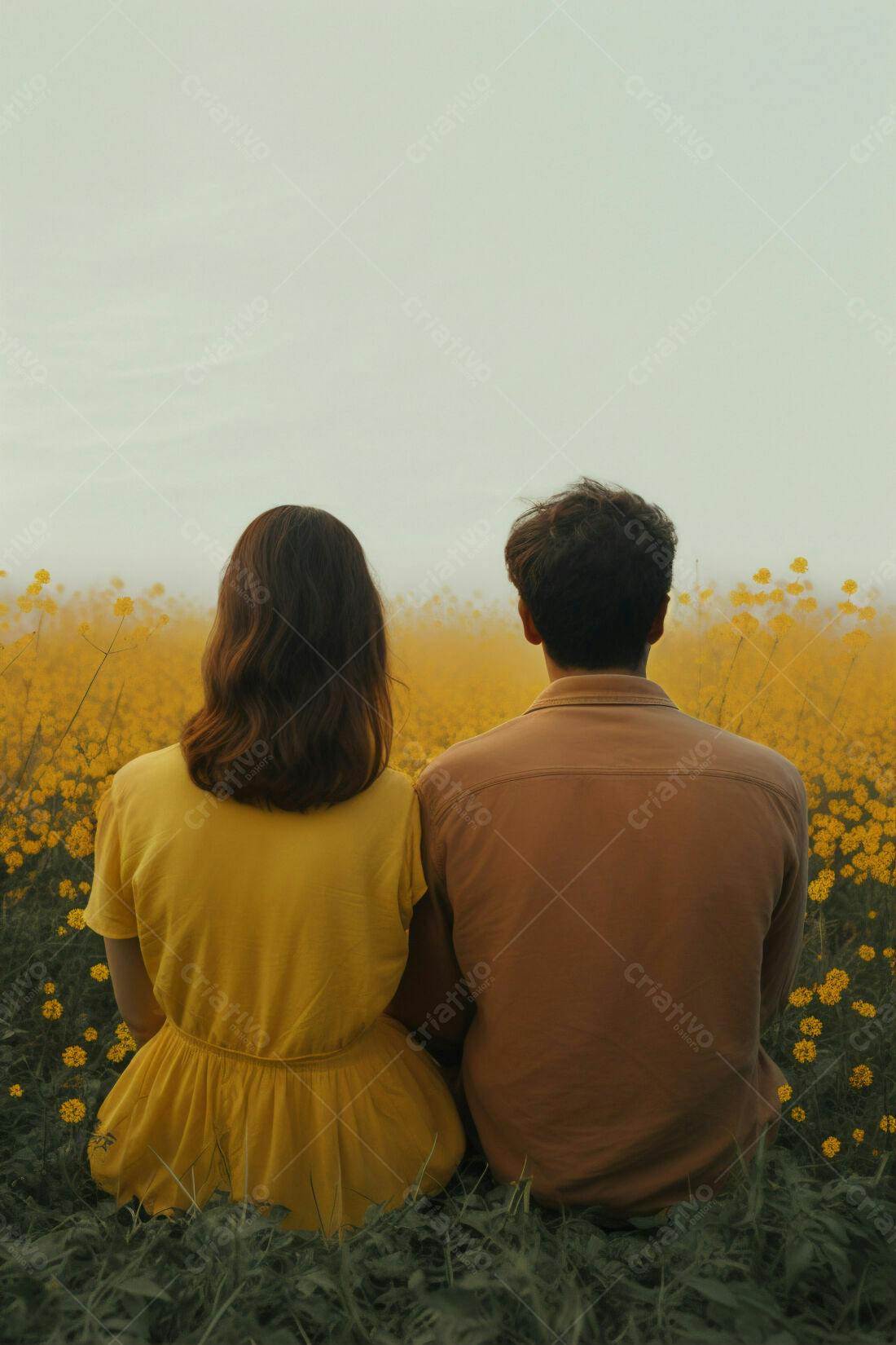 Casal sentado em campo de flores amarelas