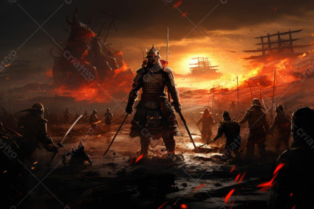 Samurai em batalha épica ao pôr do sol