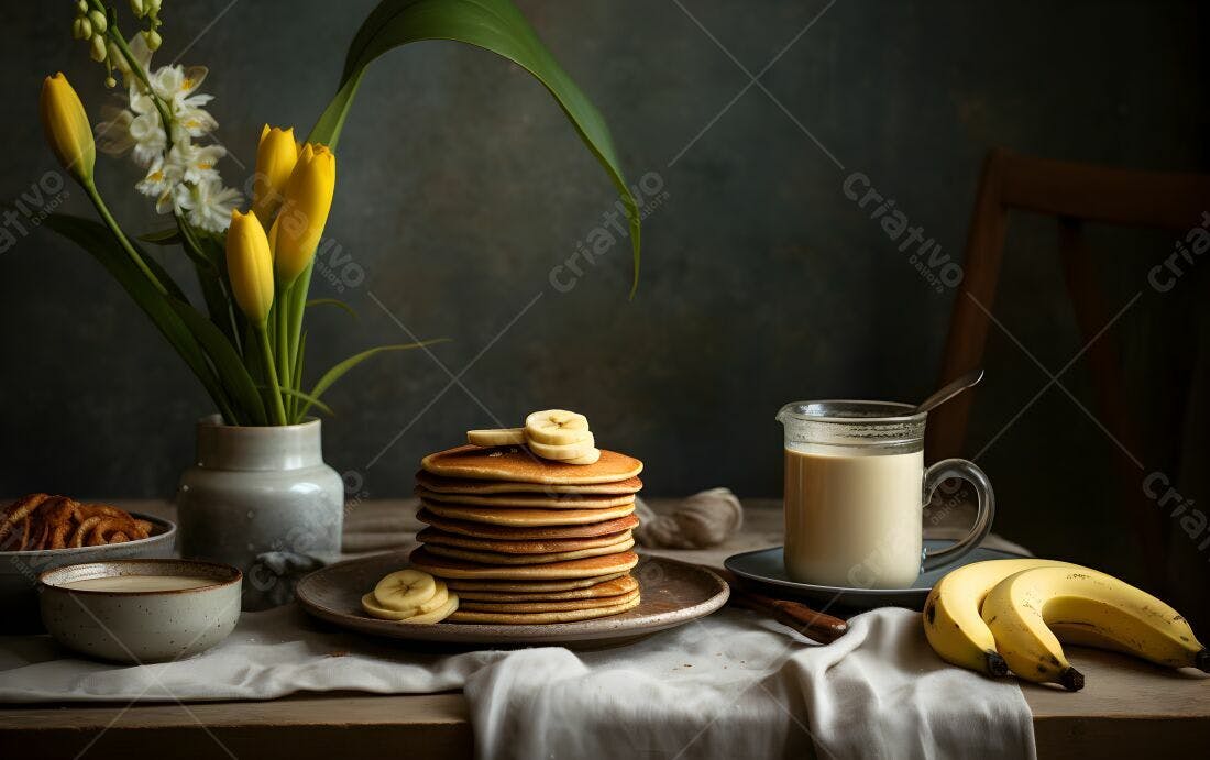 Panquecas com banana e bebida cremosa