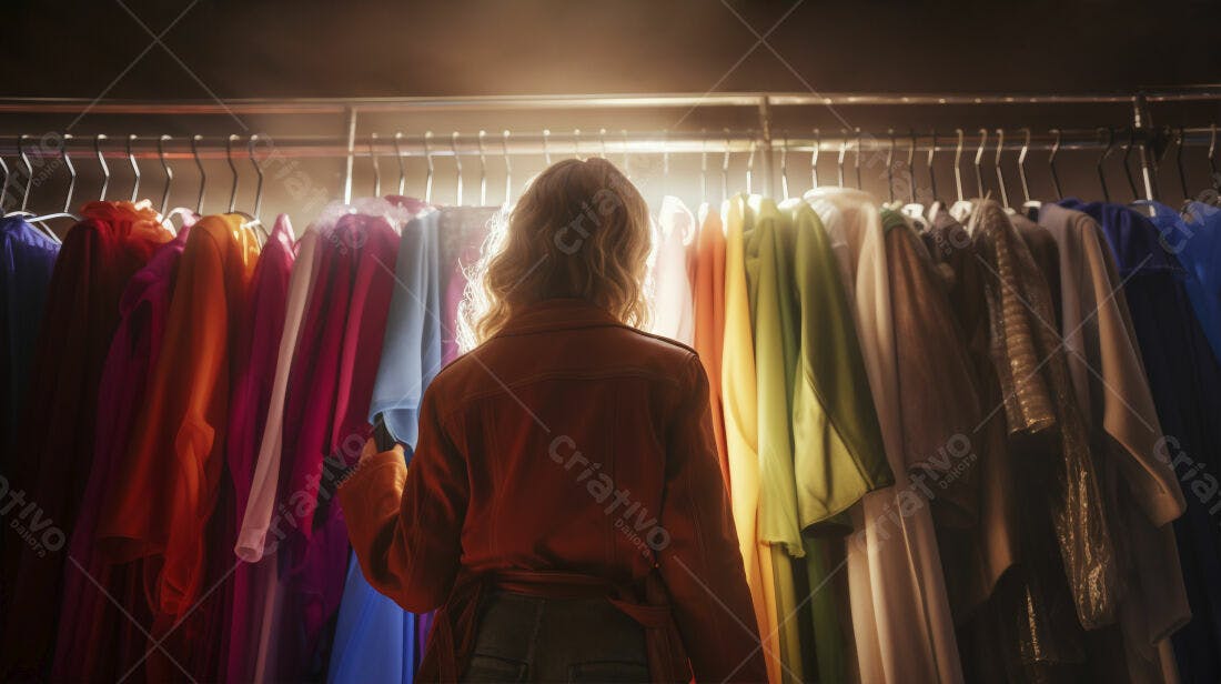 Mulher escolhendo roupa em closet colorido