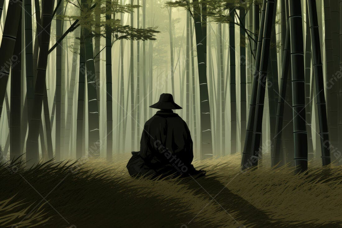 Monge meditando em bosque de bambu