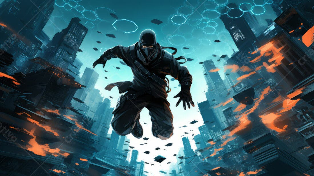 Ninja futurista saltando em cidade cyberpunk
