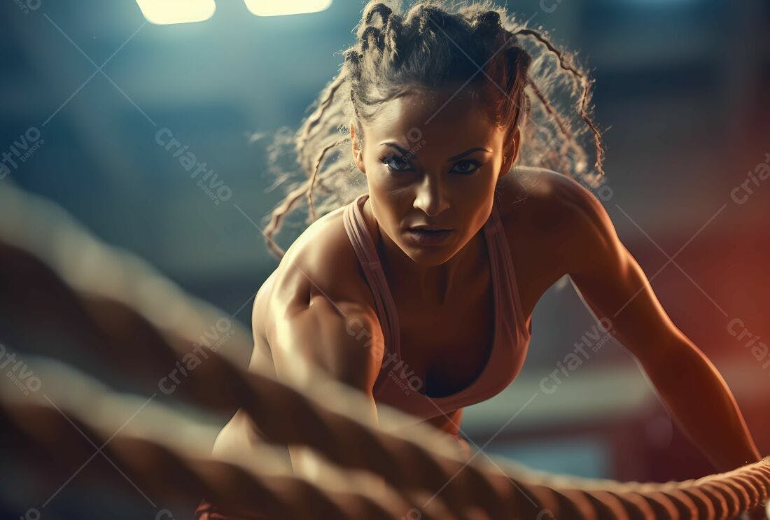 Atleta feminina puxando corda academia